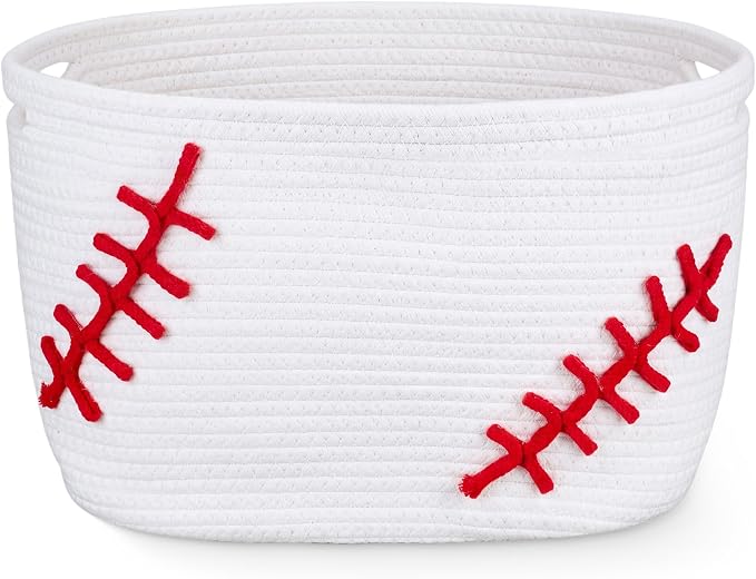 RattanView Baseball Cotton Rope Basket, Brown Woven Storage with White Stitch Pattern, 15 x 9 x 10 in, Empty Baseball Gift Organizer for Books, Room and Sports Decor