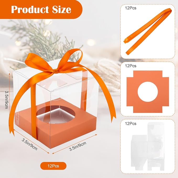 12 PCS Clear Cupcake Boxes 3.5 Inch Cupcake Containers (Orange) | Disposable Cupcake Carrier Plastic Individual Cupcake Storage Holder with Ribbons and Inserts for Wedding, Birthday Party