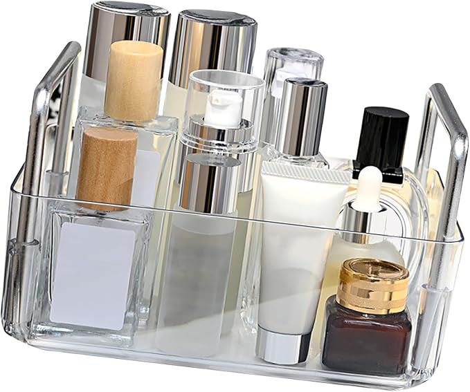 Aramox Open Storage Box, PET Open Organizer Bin with Portable Handle, Large Capacity Compartments, Easy Access Desktop Storage Basket for Cosmetics Jewelry Keys on Vanity Countertop (Clear)
