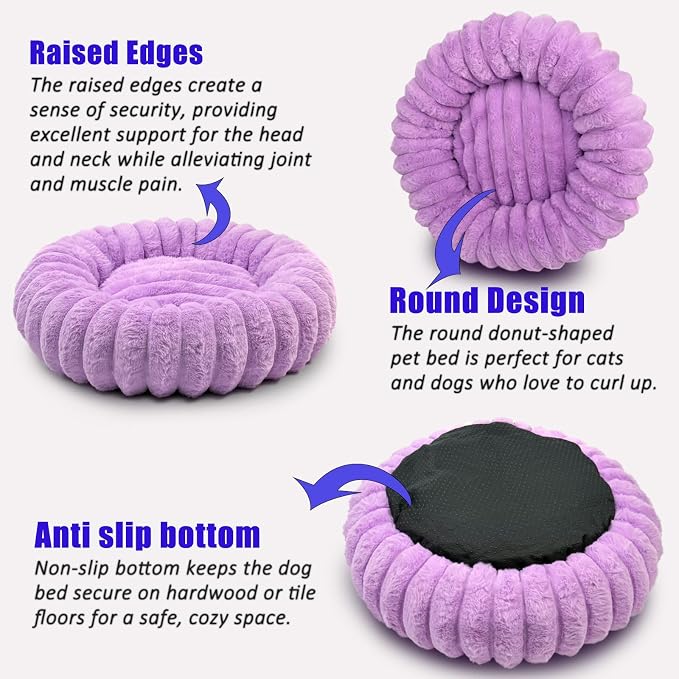 Tiny Donut Pet Bed, 16 Inch Round Calming Bed for Puppies & Kittens, Soft Cozy for Indoor Cats & Extra Small Dogs, Anti-Slip Bottom, Washable, Purple