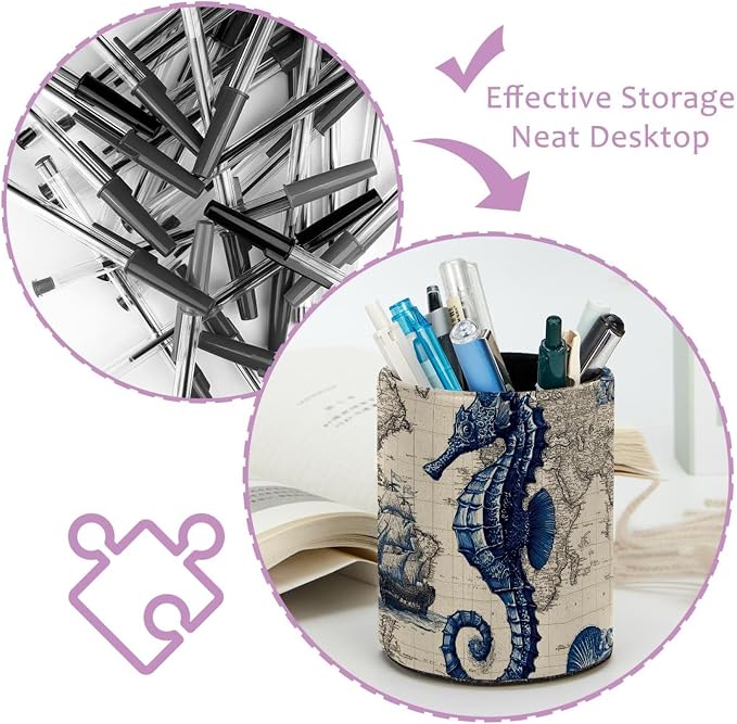 Faux Leather Pen Holder for Desk, Pencil Organizer Retro Seahorse Pen Cup Desk Decor Makeup Brush Holder Storage for Office Home