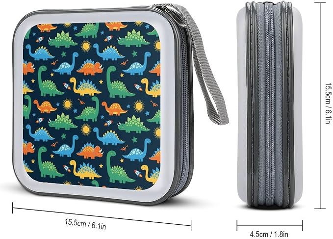 Hard Shell DVD Storage Binder Dinosaurs, Holds 40 Discs, Portable Wallet with Carry Handle, Organizer for Car Home Office