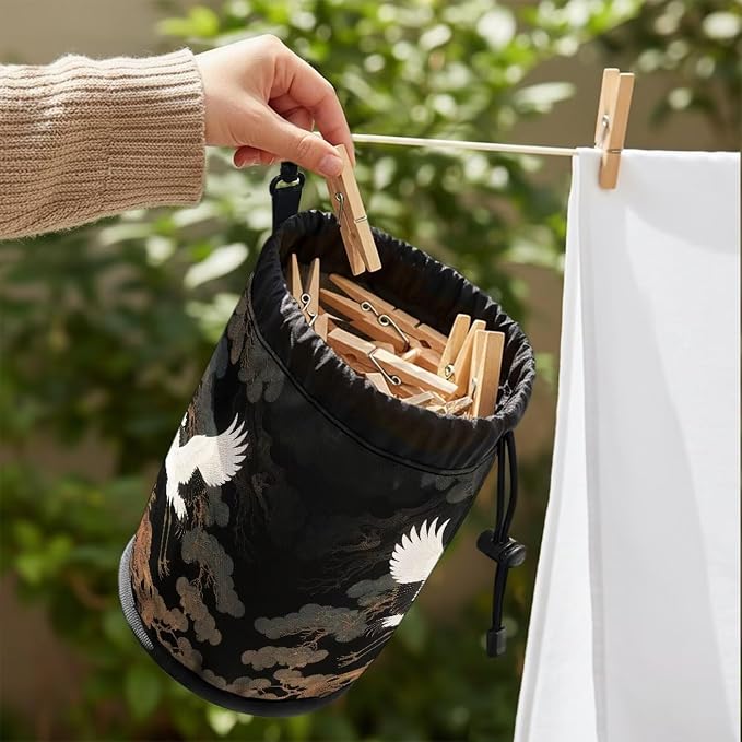 Laundry Clothespin Bag Organizer, White Crane Pine Tree Storage Pouch with Hanging Loop, Portable Clips Holder for Drying, Camping, Beach, Dorm Room Essentials