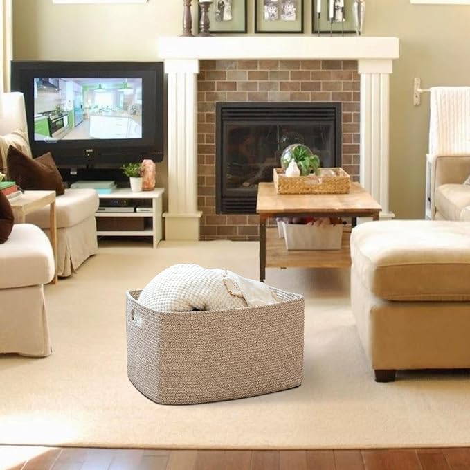 OIAHOMY Cotton Rope Basket, Rectangle Woven Nursery Blanket Basket, Toy Storage Basket with Handle, Baskets for Organizing, 18”x14”x12”, Brown variegated