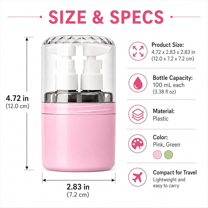 2-in-1 Travel Dispenser with 2 x 100 mL Bottles, Pink | 2 refillable 100 mL bottles, pump , included label stickers, compact design for toiletries, travel, gym