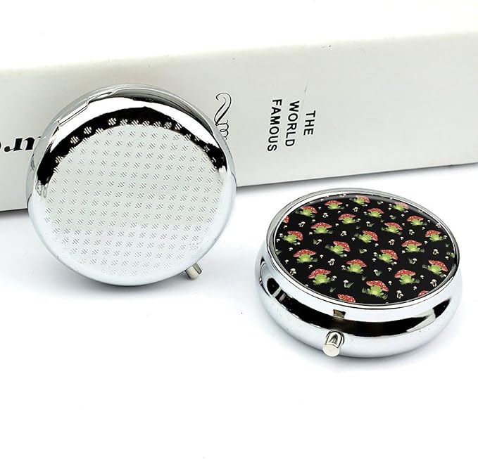 Pill Box with Mirror Cute Frogs Cartoon Mushroom Hats Round 3 Compartment, Metal Portable Pill Case for Purse Travel Supplements