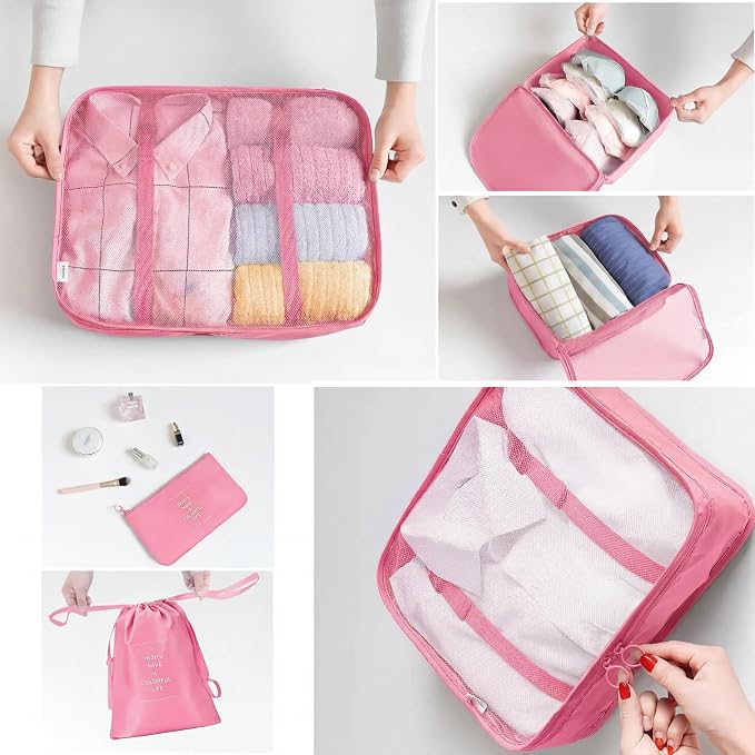LANSKLBD 6/8 Set Packing Cubes for Suitcases Travel Luggage Packing Organizers,Travel Accessories Essentials Luggage Organizer with Shoe/Tioletry/Laundry Bag (Pink, 6 set)
