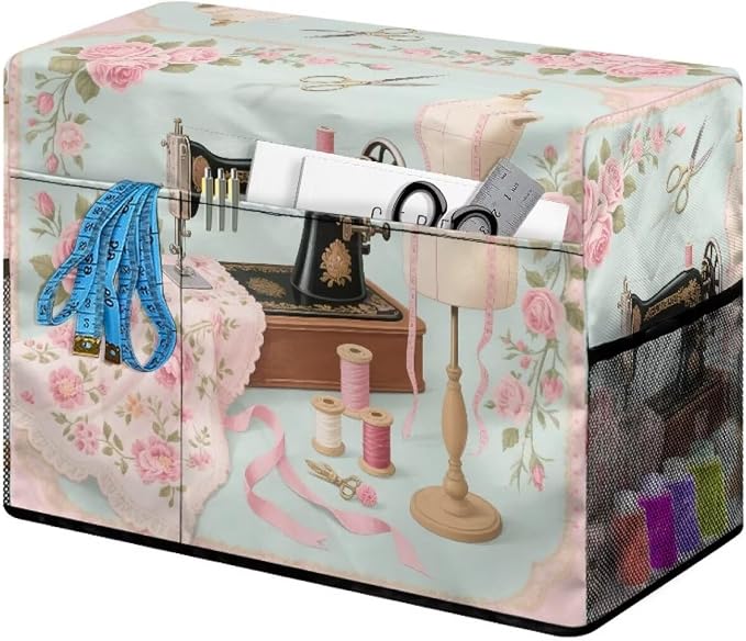 Rose Sewing Element Sewing Machine Cover with Storage Pockets,Dust & Pet Hair Protection,Fits Standard Singer, Brother and Janome Machines, Protecting & Decorating Your Sewing Space