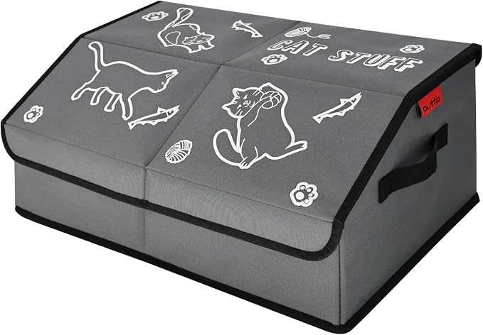 Sturdy MDF Cat Toy Box Storage with Lid, 19" Collapsible Cat Toy Bin with Handle, 600D Fabric Cute Pet Storage Basket Organizers for Pet Toys, Treats Clothes and Accessories - Grey (1 Pack)