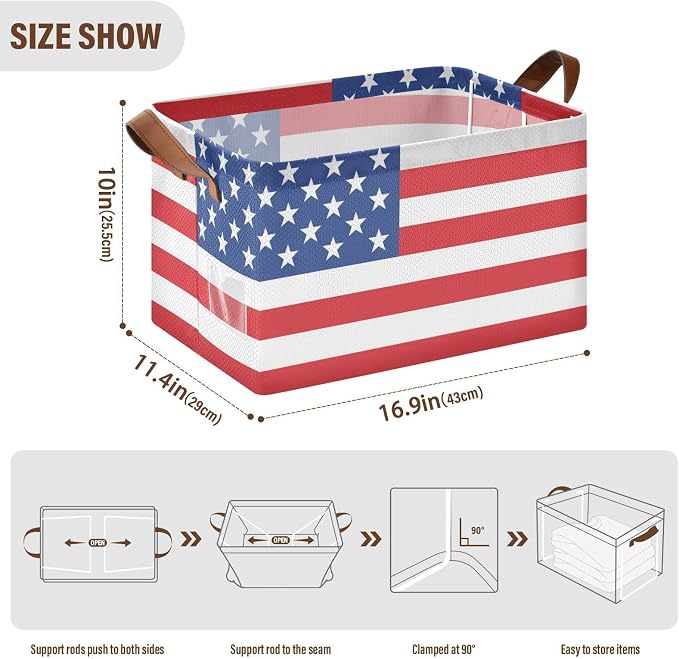 Red White and Blue American Flag Storage Basket Foldable Cube Storage Bins with Handles&Label Waterproof Organizer Box Bin Large Rectangle Decorative Baskets for Shelves Home Room Laundry, 2 Pack