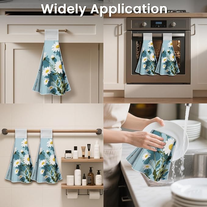 CUTHOLLOW Daisies Flowers Hanging Kitchen Towels with Loop, Set of 2 - Soft & Super Absorbent Microfiber Decorative Hanging Dish & Hand Towel, Tea, Coffee Towel for Kitchen Bathroom Oven Handle
