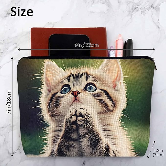 Cat Makeup Organizer - Cute Animal Pet Flax Toiletry Bags, Travel Cosmetic Pouch Skincare Wallet Bags For Women, Mom, Daughter