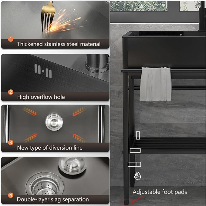 Utility Sink with Cabinet, Freestanding Stainless Steel Single Bowl Kitchenette Sink,Prep Laundry Tub, for Garage, Outdoor, Kitchen, Commercial, Workshop, Pet Wash Station, Includes Faucet, Black (Si