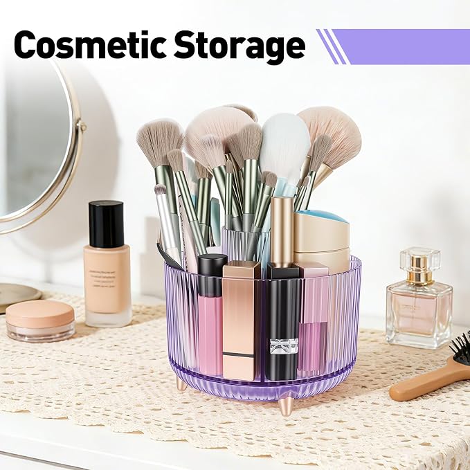 360 Rotating Pen Pencil Holder for Desk, Pen Organizer with 5 Slots | Makeup Brush Holder, Desk Organizer and Accessories, Cute Pencil Cup Caddy for Office School Home Decor Art Supply (Purple)