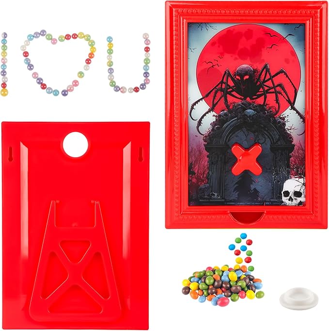 Candy Dispenser Picture Frame, Wall-Mount & Tabletop Gumball Machine with Multiple Designs for Candy, Nuts, Treats, Interactive Home and Office Decor (Spider, Red)