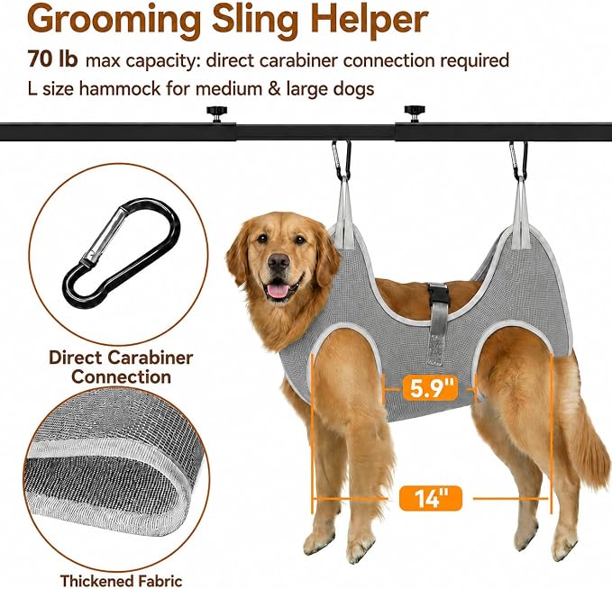 H Shape Dog Grooming Arm for Table, L Size Hammock, 42" H, 31-43" W | Heavy Duty, Adjustable Grooming Stand, Clamp Fits up to 2.76", with Hammock & 2 Nooses for Home Grooming & Nail Trimming