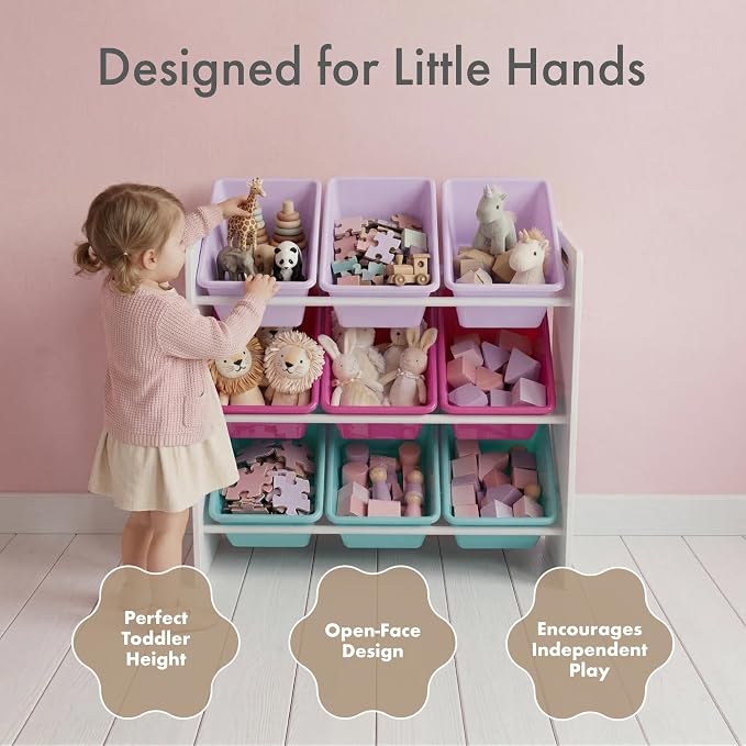 Humble Crew Kids Toy Organizer with 9 Bins, 3 Tier Storage for Playroom | Sturdy wood and steel toddler shelf, removable BPA-free containers, wall anchor anti-tip safety kit for bedroom or classroom