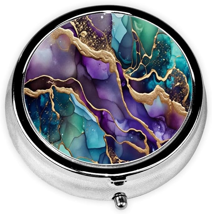 Watercolor Golden Line Abstract Marble Shape Portable Pill Organizer | 3 Compartment, With Mirror, For Men Women, For Daily Supplements, Vitamins, Fish Oil, Jewelry, Candy, Travel