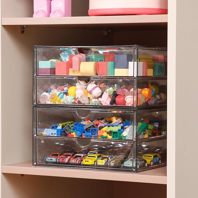 Clear Plastic Drawer Organizer, 4 Drawers | Stackable Desk Organizers and Accessories, For Home Office Supplies, Marker Pen, Notebooks, Art Crafts