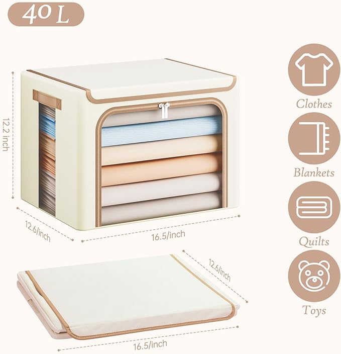 Yecaye Clothes Storage Bins with Lids & Clear Window, Beige, 40L, 3 Pack | Metal Frame, Foldable, Organizer Box Zippers & PU Leather Handles