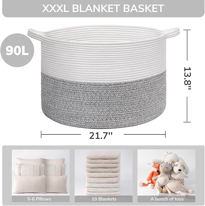 INDRESSME XXXLarge Woven Rope Blanket Basket Living Room Light Grey, 90L | 21.7" x 13.8" Storage baskets for toys laundry & pillows. Fits living room, bedroom or nursery décor. Soft-touch with handles