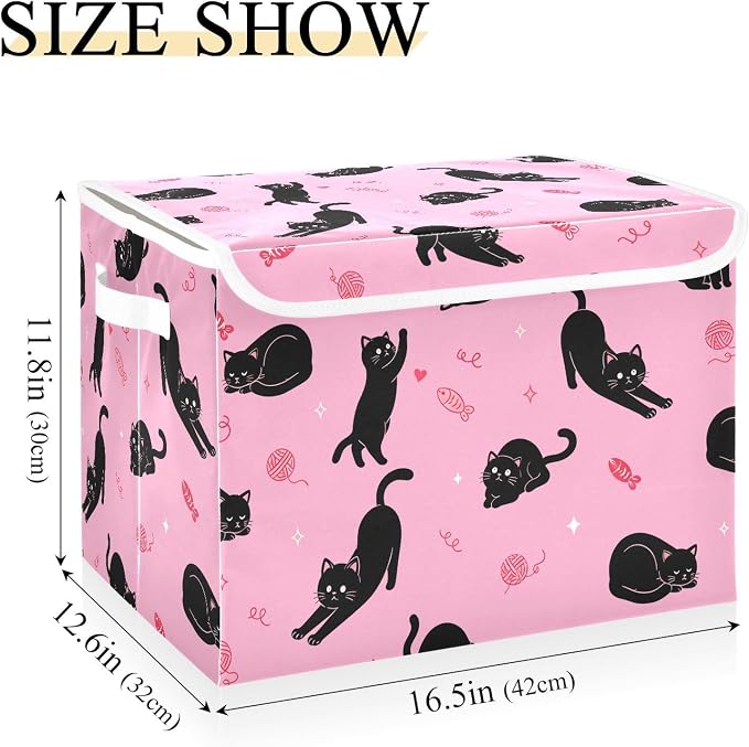 Cute Black Cat Storage Bin Foldable Collapsible Fabric with Lid Handles 40L | Decorative Storage Boxes, 300D Oxford Cloth, Hollow Board Frame, Flip Top Velcro Lid, 16.5x12.6x11.8 inch, Collapsible Design