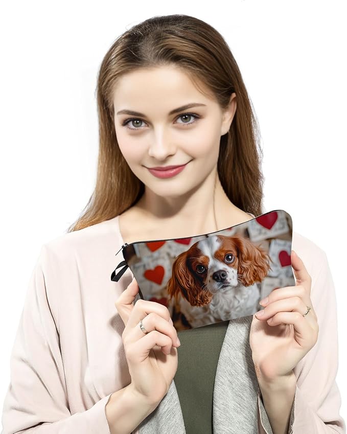 Cavalier King Charles Spaniel Makeup Bag Red Heart Background Adorable Dog Print Cosmetic Pouch for Dog Lovers Travel Toiletry Organizer Gift for Pet Enthusiasts