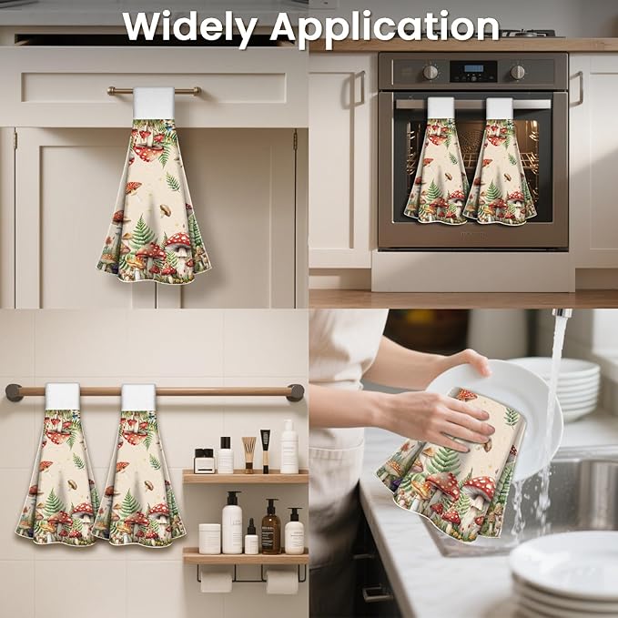 CUTHOLLOW Mushroom and Butterfly with Fern Hanging Kitchen Towels with Loop, Set of 2-Soft & Super Absorbent Microfiber Decorative Hanging Hand Towel, Tea Coffee Towel for Kitchen Bathroom Oven Handle