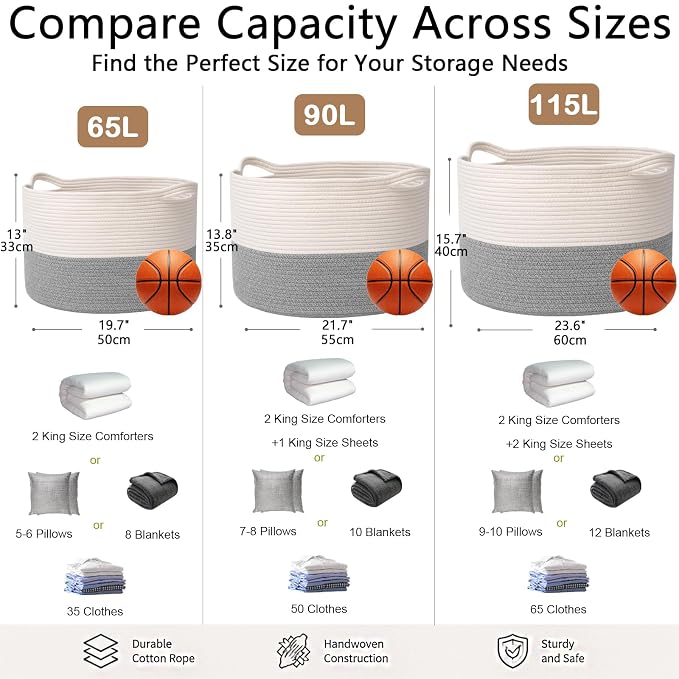 115L Extra Large Blanket Basket, Woven Laundry Basket-White&Grey | Collapsible, reinforced handles, nursery storage bin organizes clothes, toys and pillows for living room, bedroom bathroom