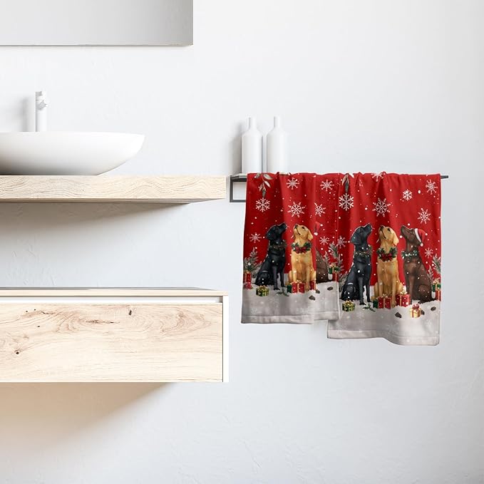 Giwawa Christmas Dog Towel Set of 2, Xmas Snow Pine Cones Funny Puppy Decorative Hand Towels, Winter Snowflake Presents Soft Microfiber Face Towel Washcloth for Bathroom Guest Gym Spa Hotel