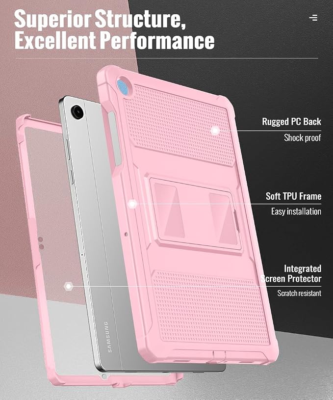 MoKo Shockproof Case Fit Samsung Galaxy Tab A11+ Plus/ A9+ 11 Inch | Full Body Rugged Stand Back Cover with Built-in Screen Protector for Galaxy Tab A11+/ A9+ Tablet, Light Pink