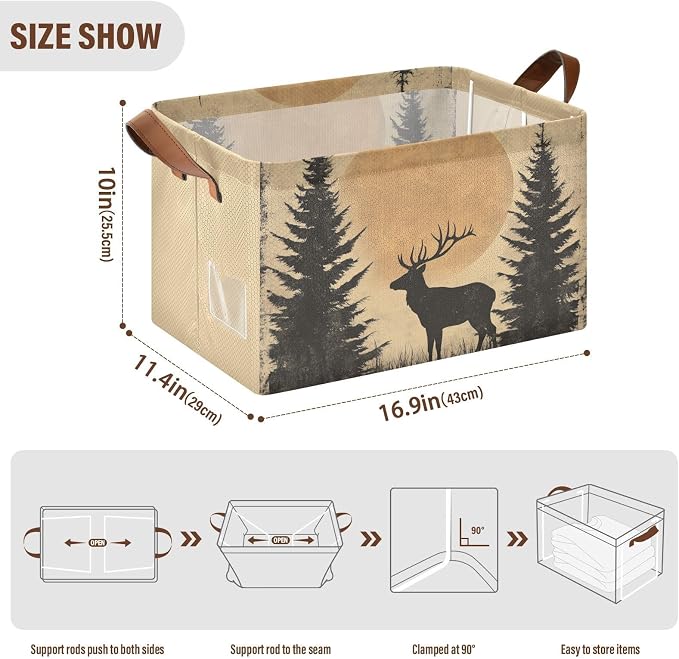 Rustic Sunset Forest Deer Vintage Storage Basket Foldable Cube Storage Bins with Handles&Label Collapsible Organizer Box Bin Large Rectangle Decorative Baskets for Shelves Home Living Room Closet