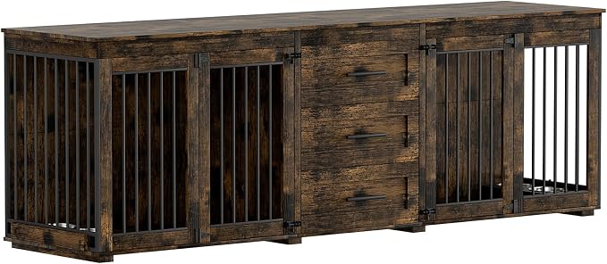 OUYESSIR 94.5" Double Dog Crate Furniture for Medium Large Dogs, Brown | Extra large dog kennel fits 2 Medium or large dogs, 3 Storage Drawers, 4 removable Stainless steel dog bowls, Solid Wood