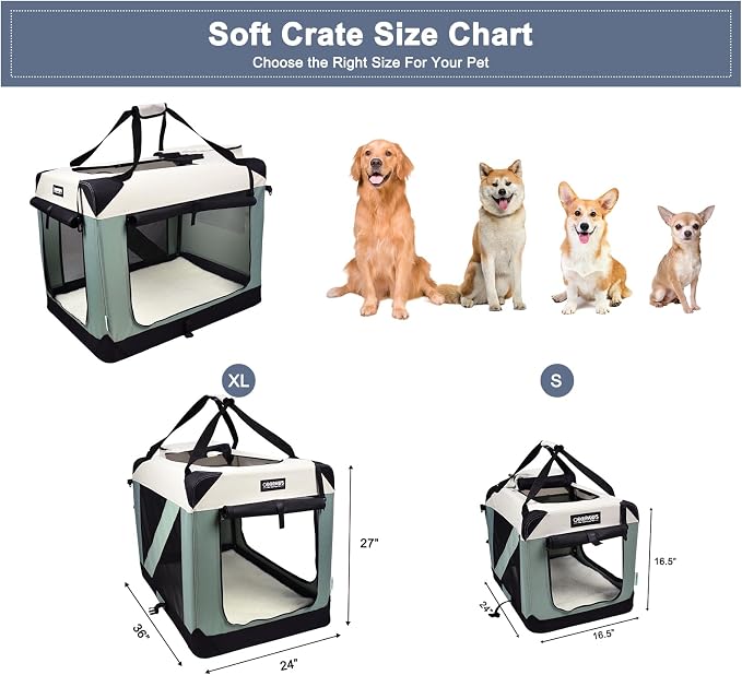 Jespet 3 Door Soft Dog Crates Kennel for Pets, Folding Travel Pet Carrier | 3 Mesh Doors 24'' Dog House, Large Pocket, Easy to Install, Steel Frame, Removable Crate Pad, For Indoor & Outdoor