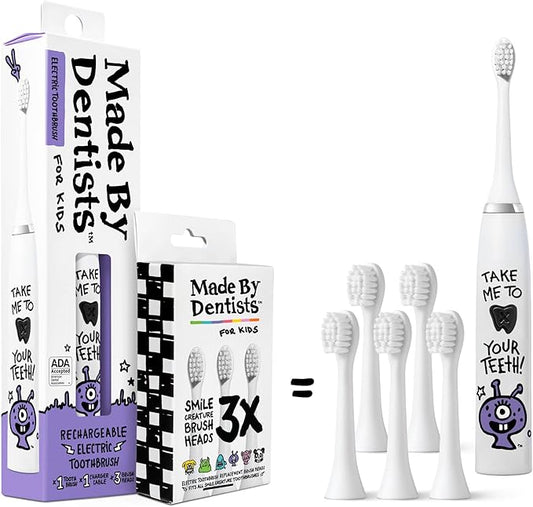 Made by Dentists Kids Electric Toothbrush - Rechargeable Vibrating Toothbrush with Timer, Includes 6 Replacement Heads, Gently Cleans Teeth, Kid & Toddlers Age 2+, Alien