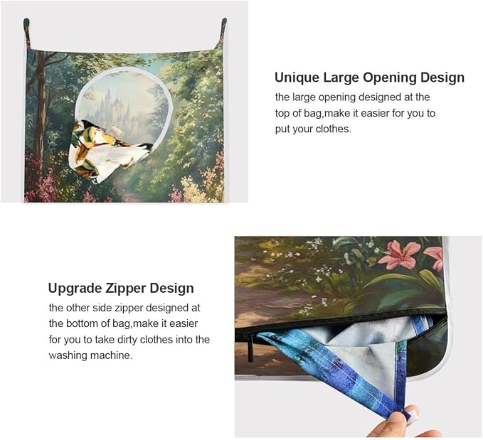 1PC Hanging Laundry Hamper Bag Over the Door Laundry Hamper Wall Hamper Large Dirty Clothes Hamper with Stainless Steel Hooks 29.5x20Inch Lily Flowers Bush and Forest Castle