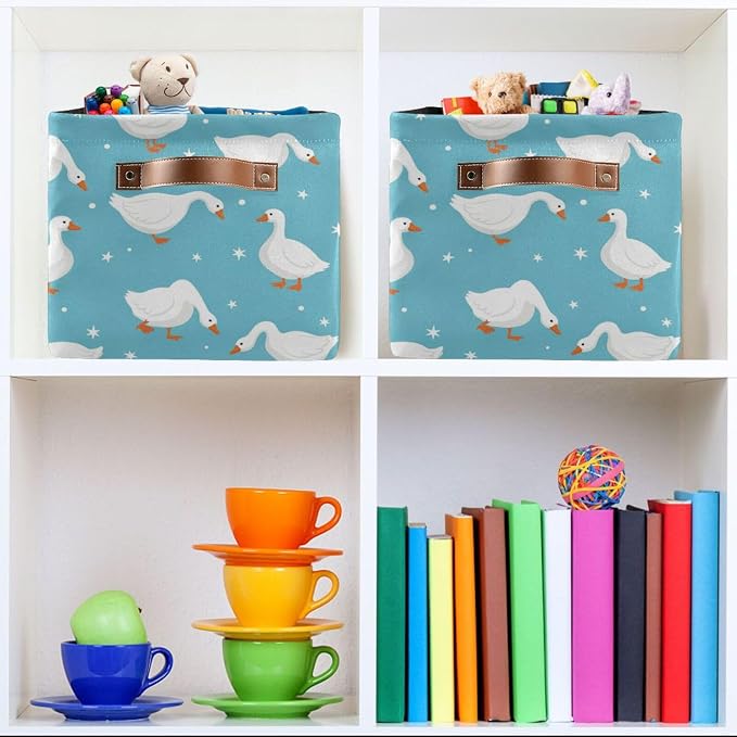 DOMIKING Ducks Blue Stars Rectangular Storage Bin Basket with Handles - Organizer Bin for Books Laundry Basket for Clothes Playroom Pets