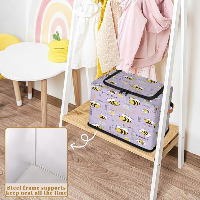 Custom Name Storage Bin with Lid Zipper, Personalized Rectangular Storage Basket with Handles for Organizing Girls Toys Office Closet Shelf Baskets, Cartoon Bee with Daisy Floral Light Purple