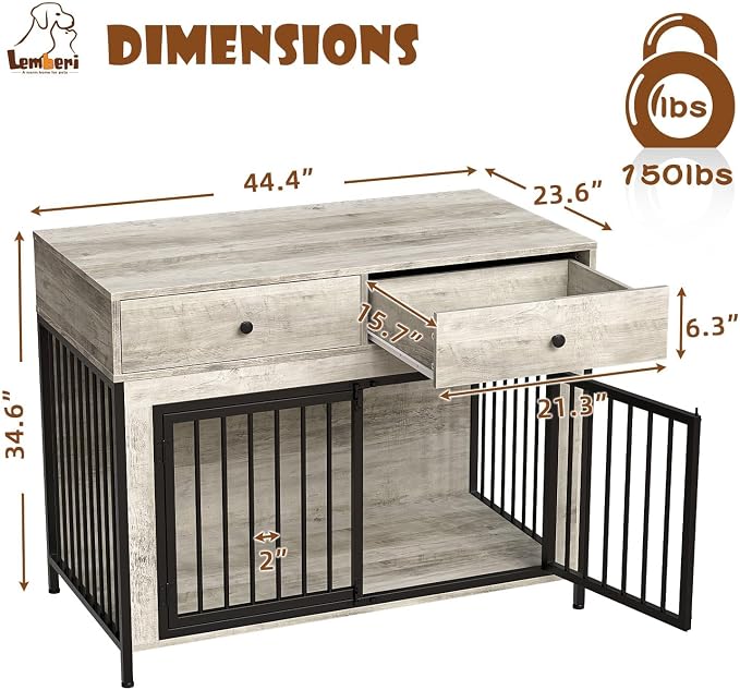 LEMBERI 44 Inch Large Dog Crate Furniture with 2 Storage Drawers | Indoor wooden kennel with decorative finish. Use as pet cage, dog house, or side table. Sturdy for large breeds