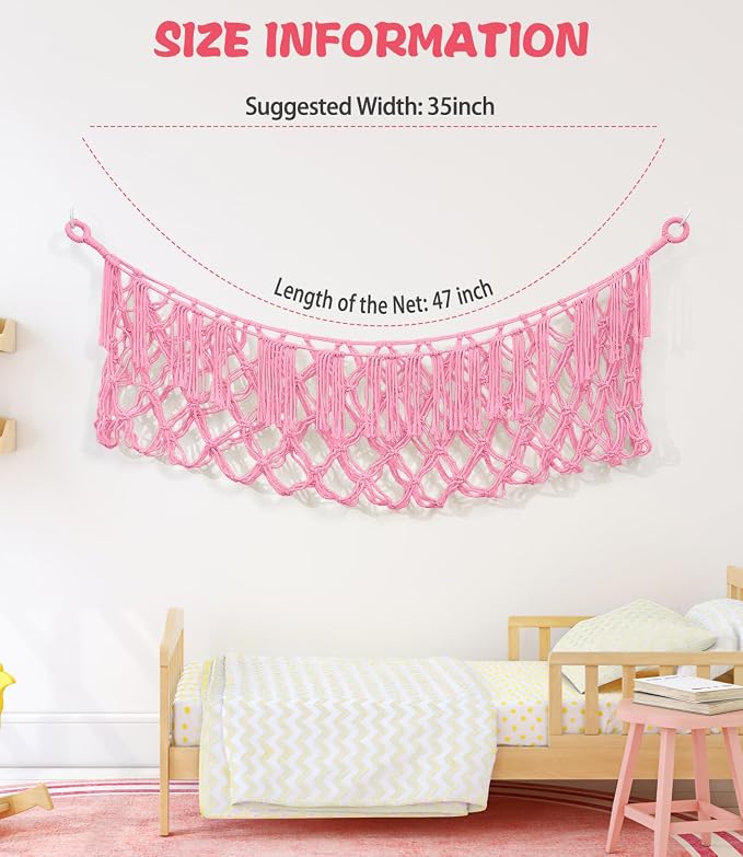 Stuffed Animal Net Hammock, Save Space Eliminate Clutter (Pink) | Premium Cotton Hand-knitted plush hammock, Boho Stuffed Animal Storage for Nursery, Bedroom Decor, playrooms