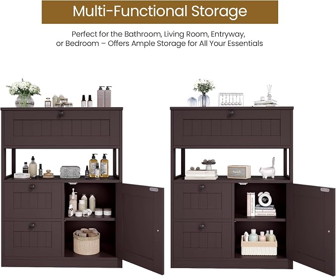 GRUSIGN Bathroom Cabinet, Modern Bathroom Floor Storage Cabinet Organizer with 1 Door and 3 Drawers, Freestanding Cupboard for Kitchen/Living Room Use