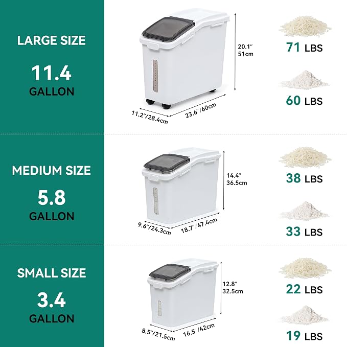 YITAHOME Ingredient Storage Bin, 20.6 Gal(11.4+5.8+3.4 Gal) Commercial Rice Flour Storage Container 500 Cups Storage Bins with Wheels Shelf-storage Bin with Scoop and Lid, Rice Bin for Kitchen, White