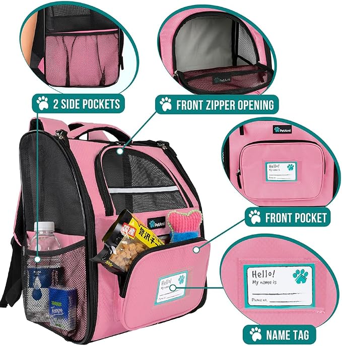 PetAmi Dog Backpack Carrier Airline Approved Cat Pet Puppy Bag, Pink | Ideal for Small Medium Large Pet up to 18 lb, 2 Side Entry Structured No-Collapse Frame, Ventilated Bookbag for Hiking Travel