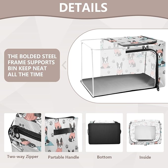 Cute Pets Dog Gray pattern Under Bed Storage Containers with Double Zipper Openings, Foldable Clothes Storage Bins with Clear Window and Handles for Bedding Comforters Blankets
