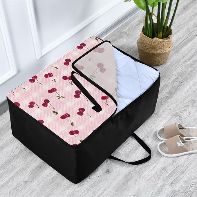 Comforter Storage Bags Large Folding Blanket Organizer Bag with Strong Handles Clear Window Closet Storage Containers for Clothes King Queen Pillows Bedding Quilt Duvet Pink Gingham Cherry