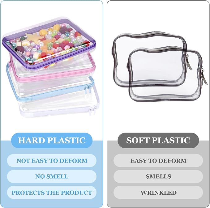 4 Pcs Clear Hard Shell Zipper Case, Hard Sided Pencil Case Clear Zipper Toys Puzzles Organizer, Travel Plastic Pouch for Makeup Storage Box, Building Blocks Bins