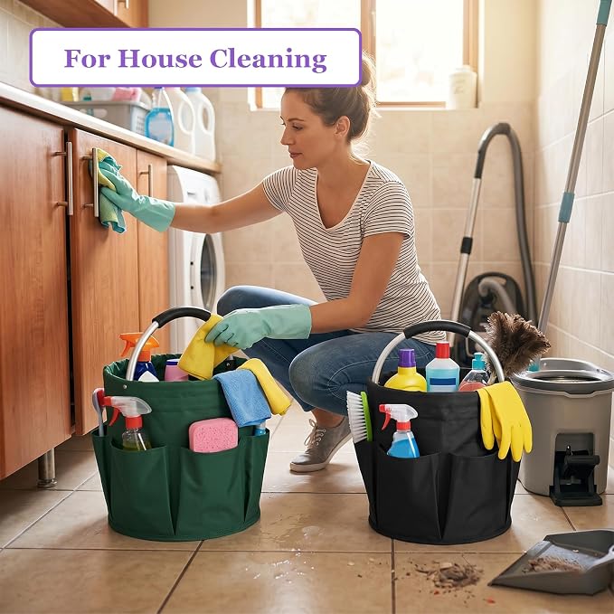 2PCS Cleaning Caddy, 17L Collapsible Cleaning Supply Caddy with Handle, Foldable Tool Bucket Organizer with Outer Pockets, Storage Basket for Travel, Housekeeping, RV, Green + Black