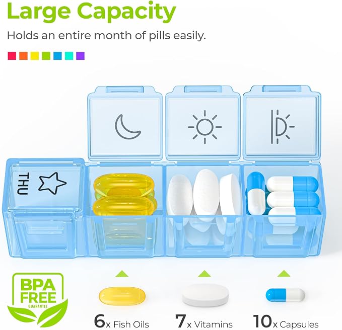 AUVON Large Moisture-Proof Weekly Pill Organizer 4 Times a Day, BPA-Free | 7 Day Pill Box Case with Portable Design for Travel, Removable Individual Containers Hold Vitamins, Supplements, Medications