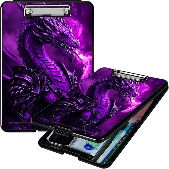 Purple Flaming Dragon A4 Clipboard with Storage Pen Holder, Clipboards Organizer Nursing Clipboard Foldable File Folder Plastic Clipboard Folio Clip Board for Office Students Classroom