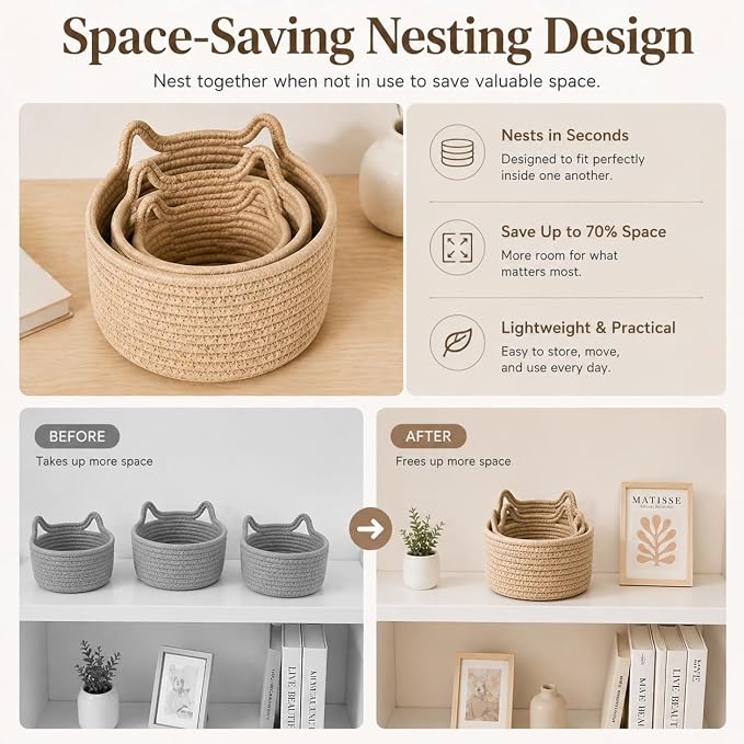 Small Woven Baskets | Mini Storage Bins | Cotton Rope Baby Nursery Organizers | Cute Round Cat Ears Basket for Organizing Desk Decor Kids Toy Dog Cat Baby Girls Gifts-Set of 3(Beige)